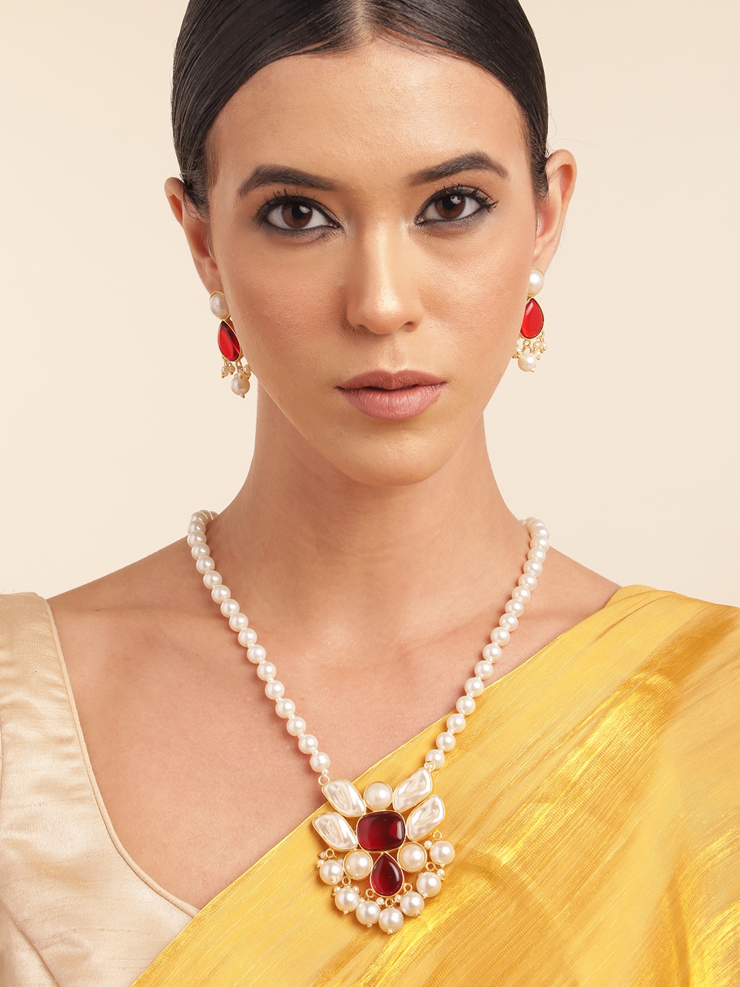 

Anouk Gold Plated Stone & MOP Studded Beaded Premium Necklace & Earring Set, Maroon