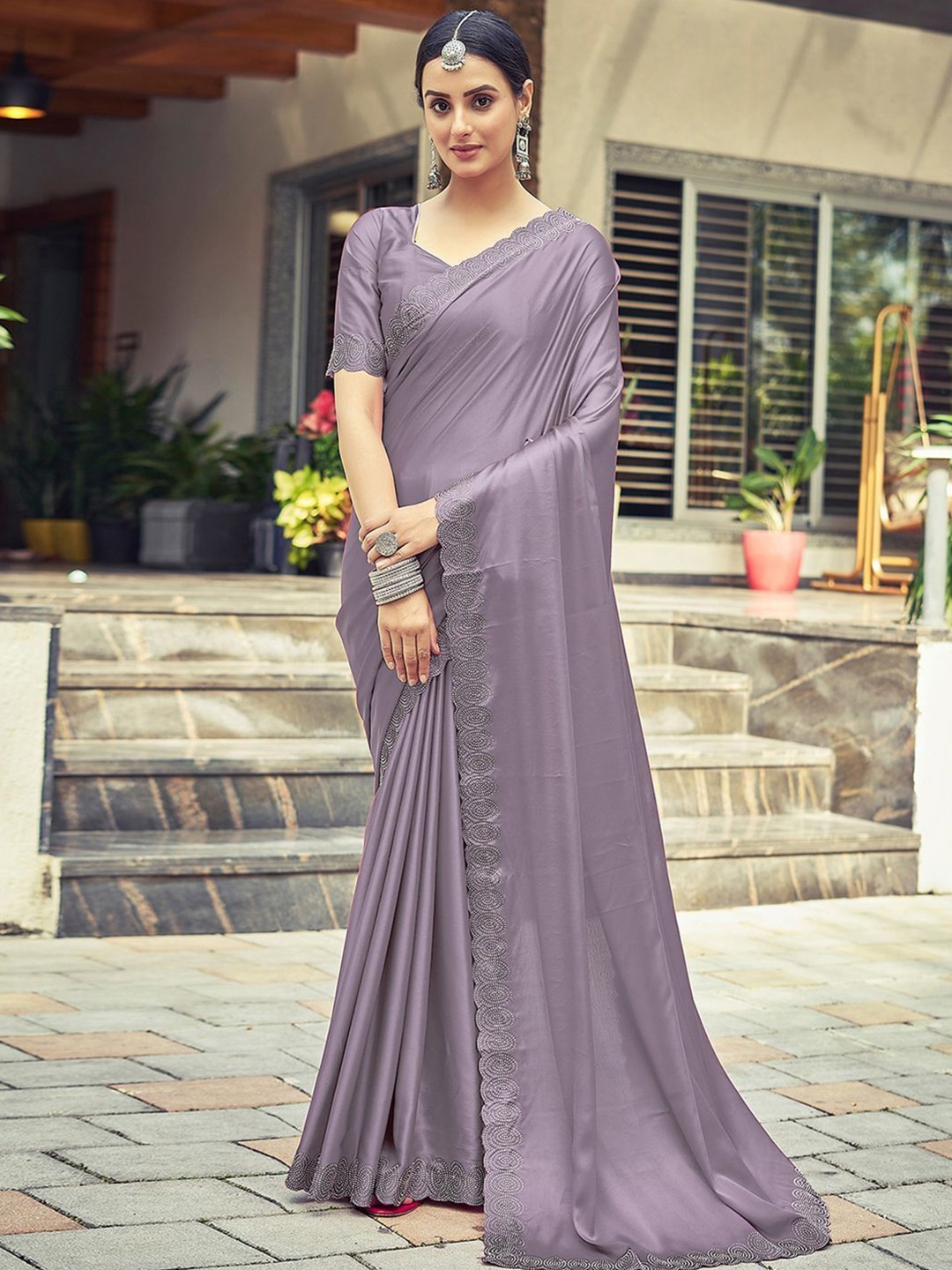 

DIVASTRI Beads and Stones Satin Saree, Lavender