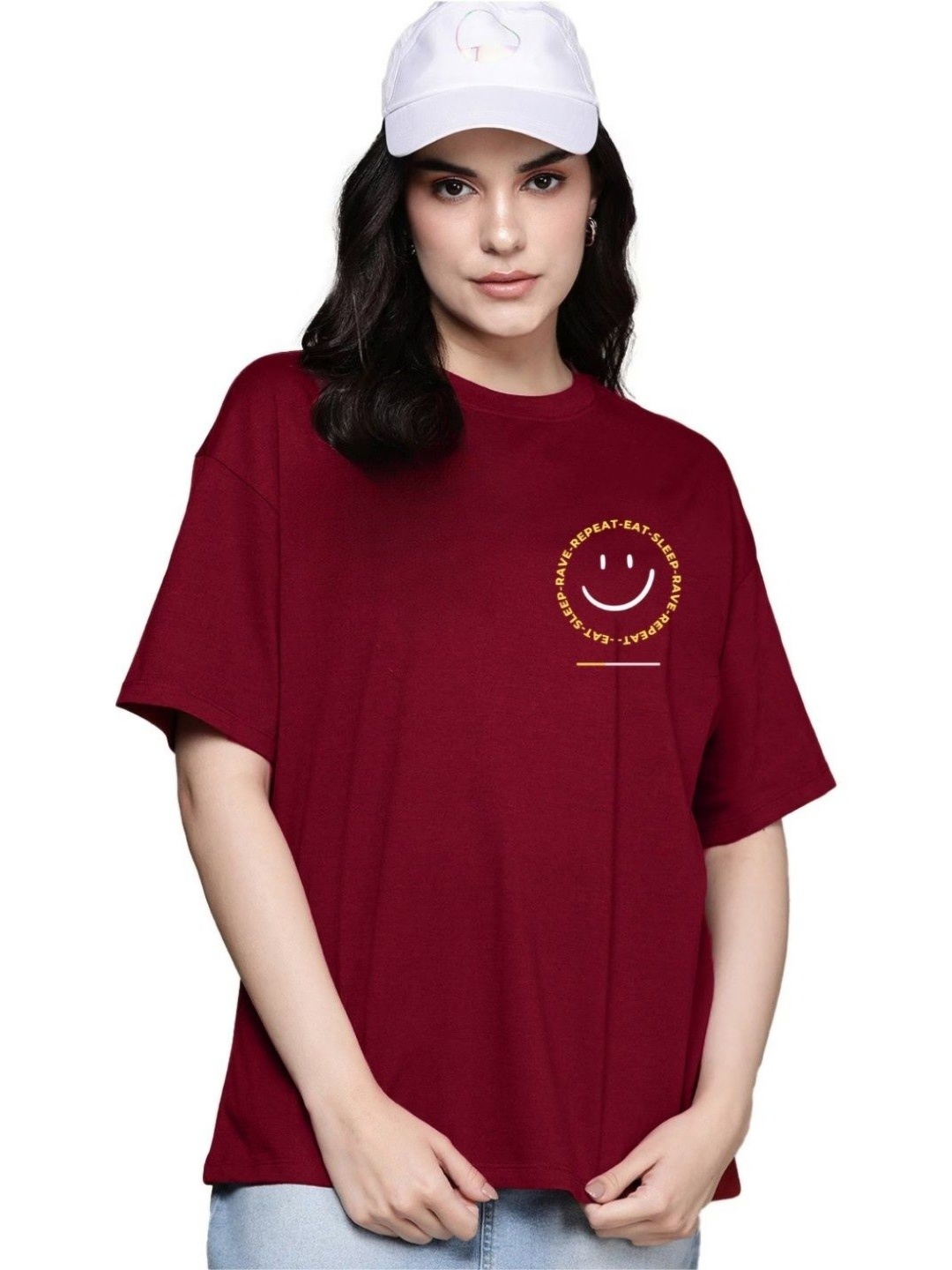 

URBANICE Women Printed Drop-Shoulder Sleeves T-shirt, Maroon