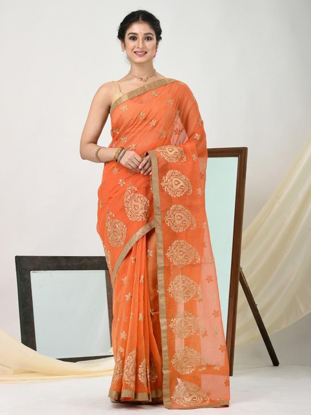 

VIBHAVARI Woven Design Zari Supernet Saree, Orange