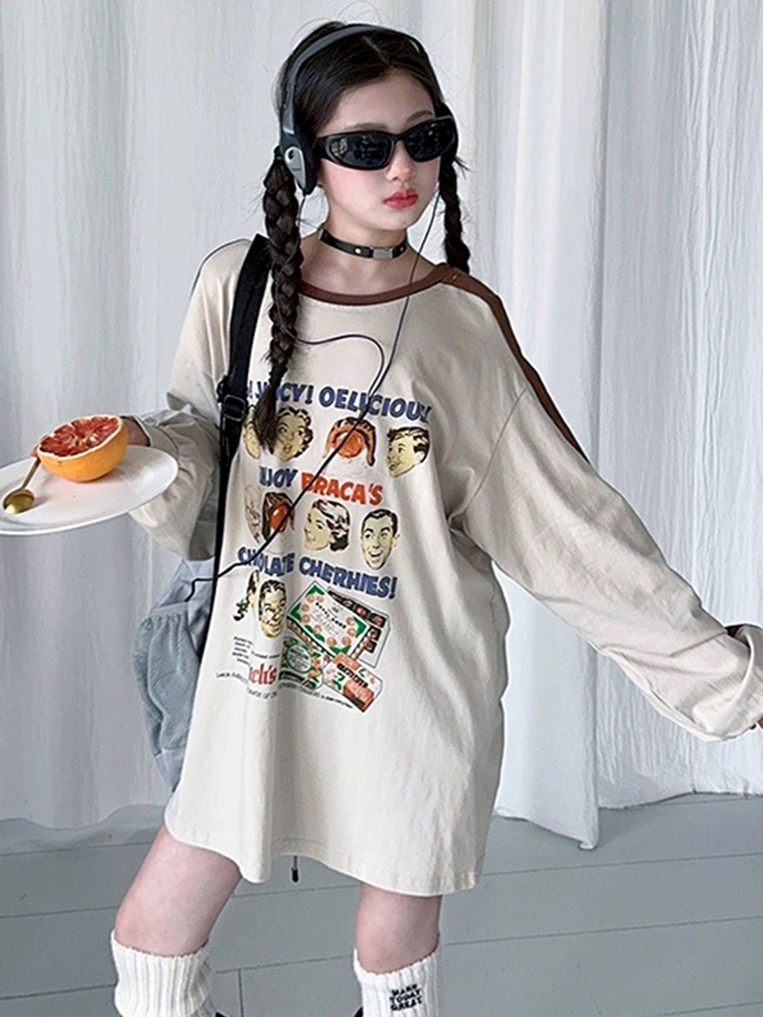 

LULU & SKY Girls Printed Extended Sleeves Raw Edge T-shirt, Khaki