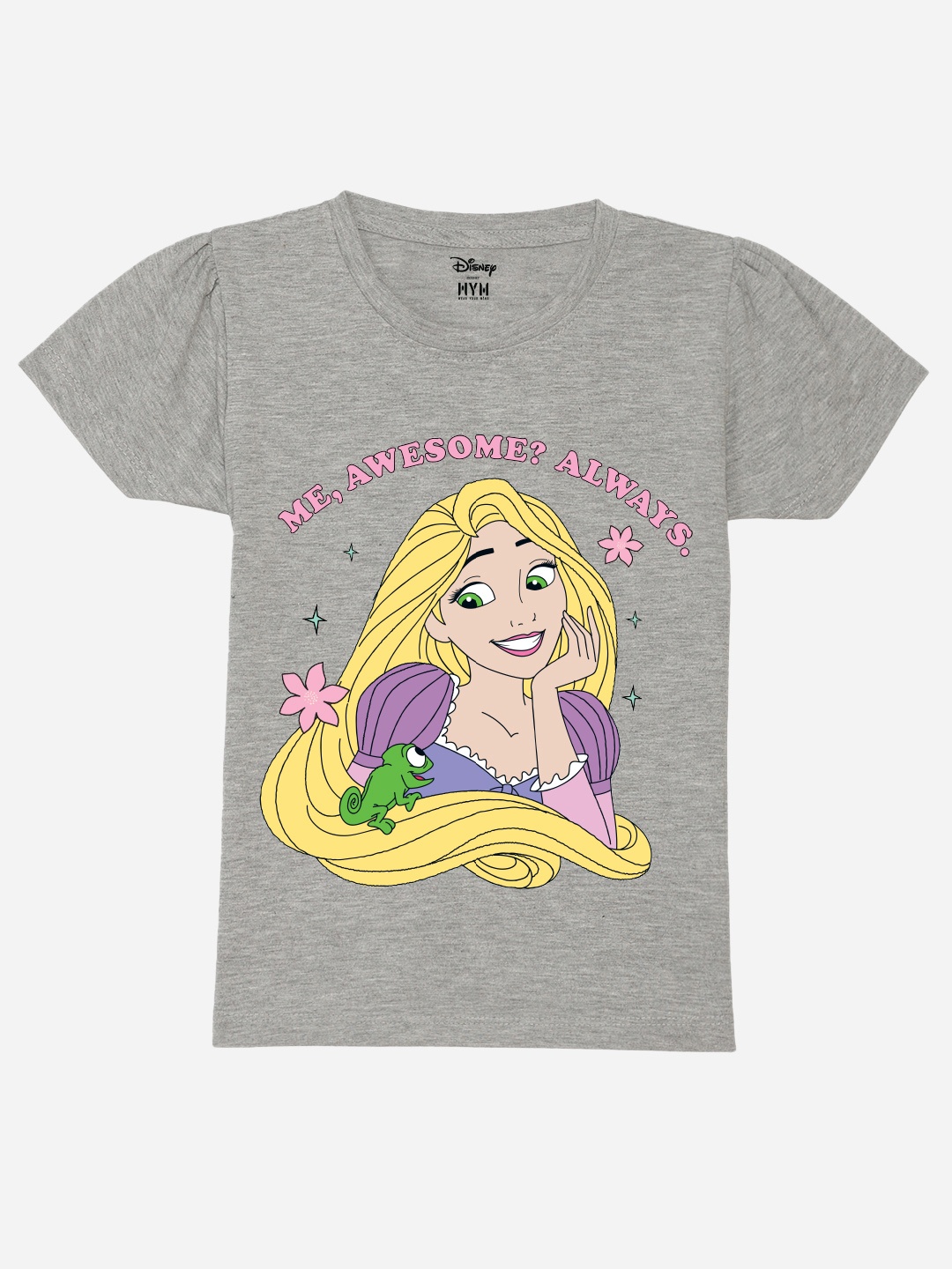 

Wear Your Mind Girls Printed Puff Sleeves Pure Cotton T-shirt, Grey