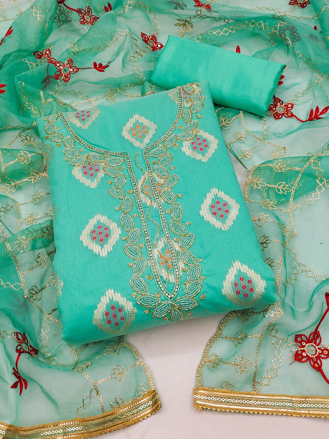 

SAINOOR Embellished Semi-Stitched Dress Material, Sea green