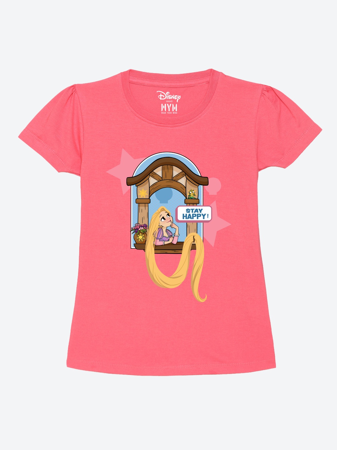 

Wear Your Mind Girls Printed Puff Sleeves Pure Cotton Applique T-shirt, Pink