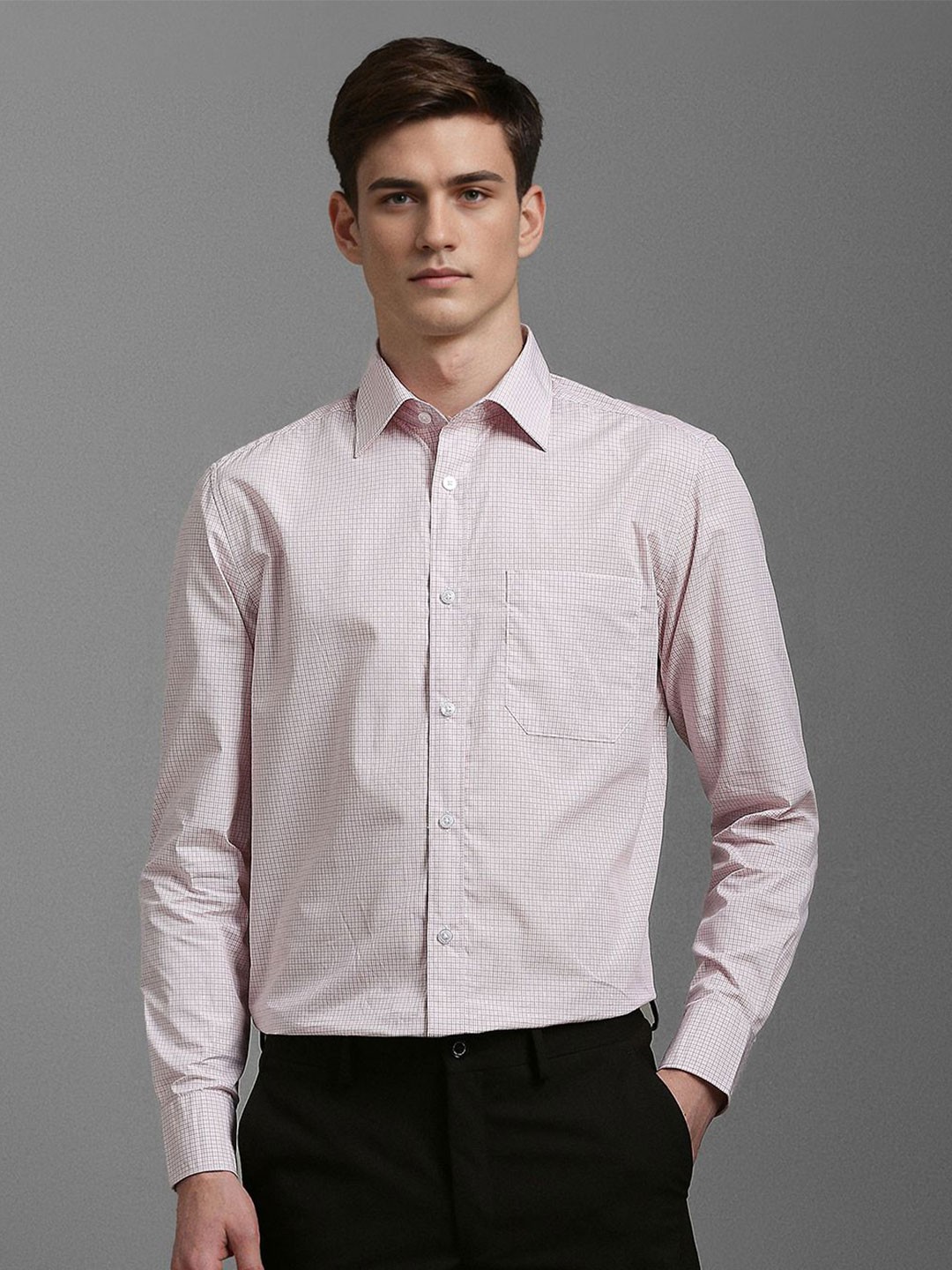 

Louis Philippe Men Pinstripes Opaque Checked Formal Shirt, Pink