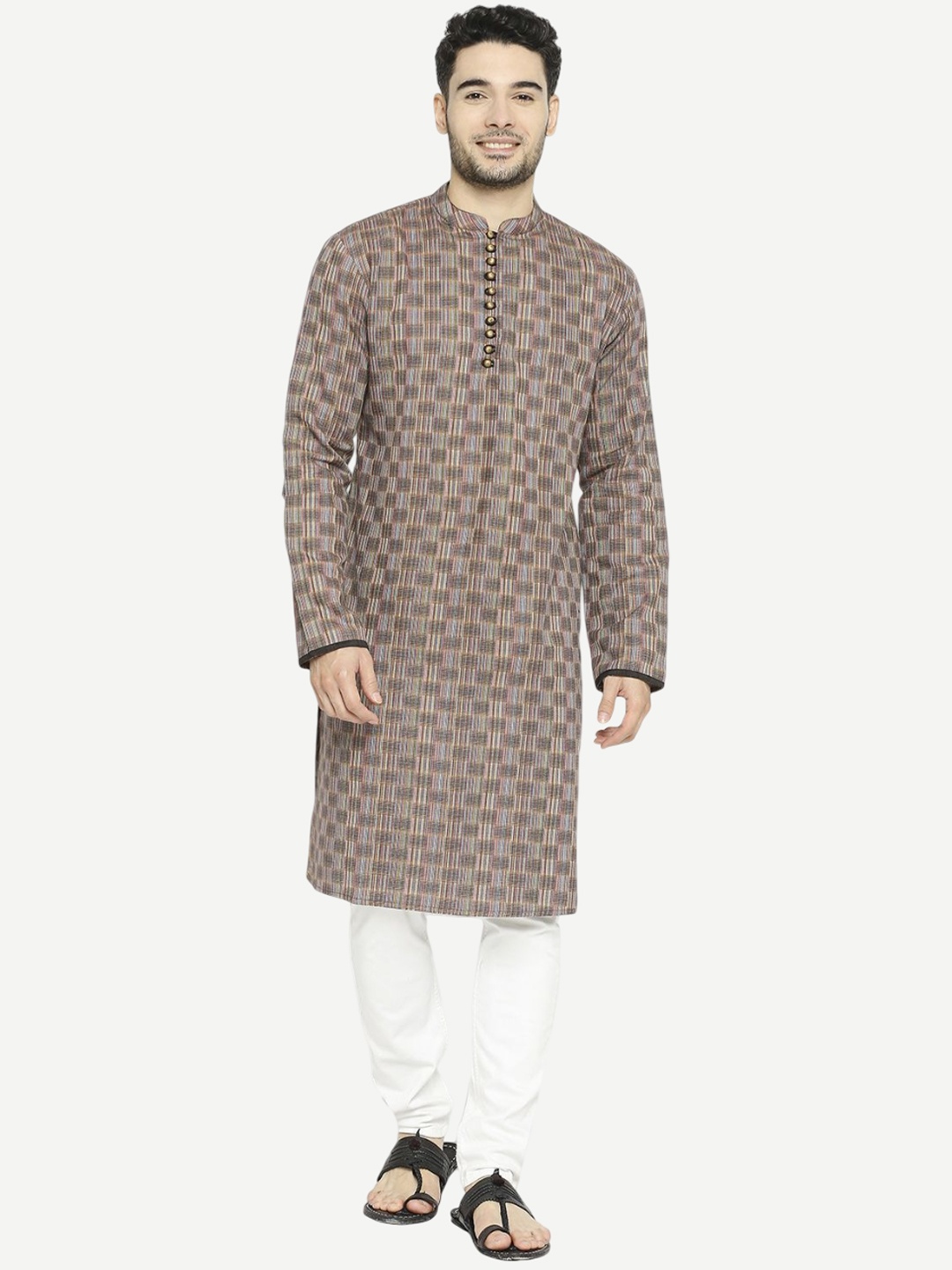 

Arch element Men Geometric Checked Flared Sleeves Mirror Work Kurta, Brown