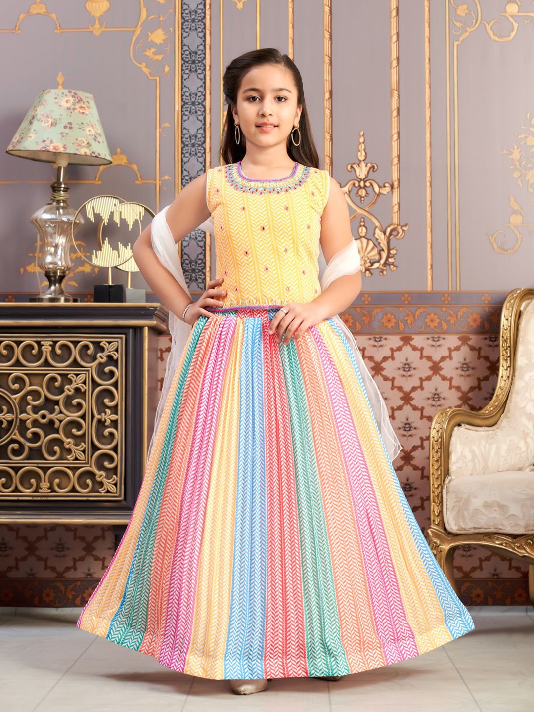 

Aarika Girls Printed Ready to Wear Lehenga & Blouse With Dupatta, Yellow