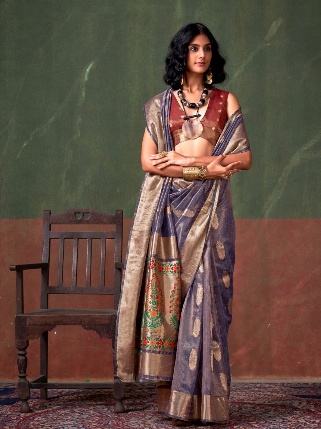

PEENGAX Woven Design Zari Tissue Banarasi Saree, Navy blue