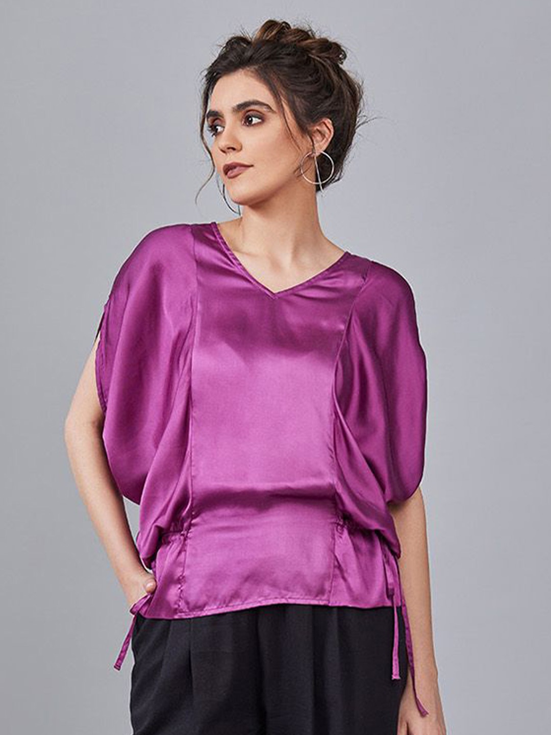 

B77 Extended Sleeves Satin Cinched Waist Top, Purple