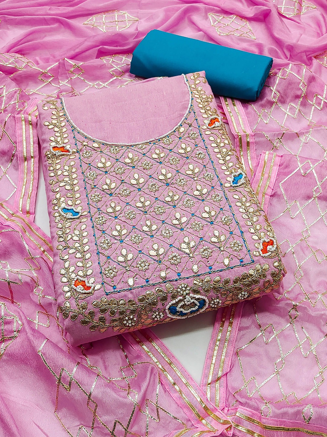 

SAINOOR Embellished Semi-Stitched Dress Material, Pink