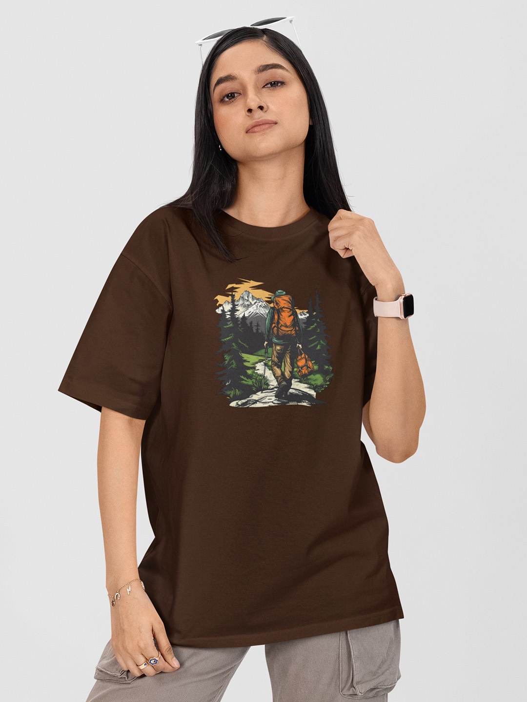 

Moda Rapido Women Printed Drop-Shoulder Sleeves Applique T-shirt, Green