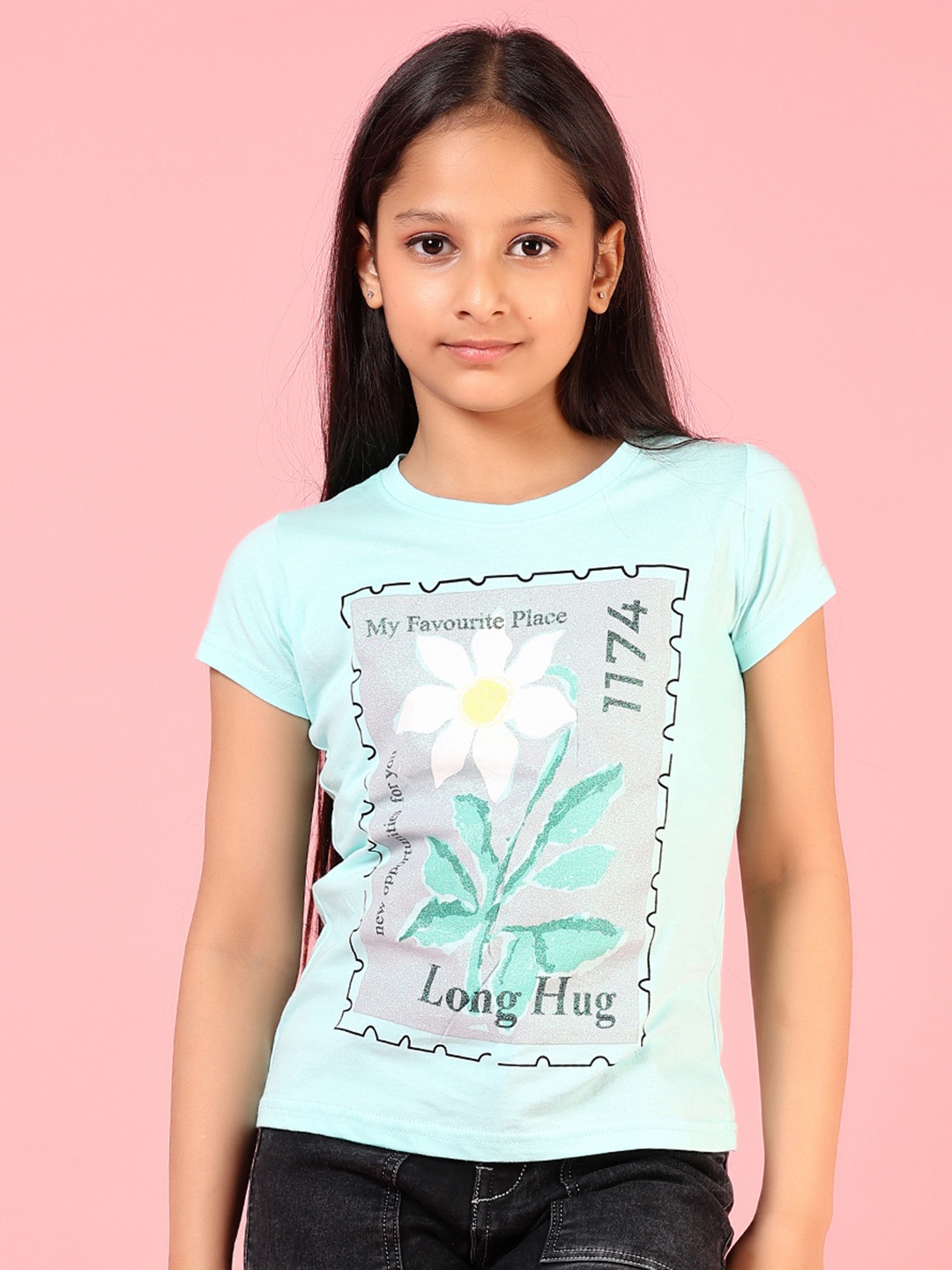 

V-Mart Girls Printed Extended Sleeves Pockets T-shirt, Green