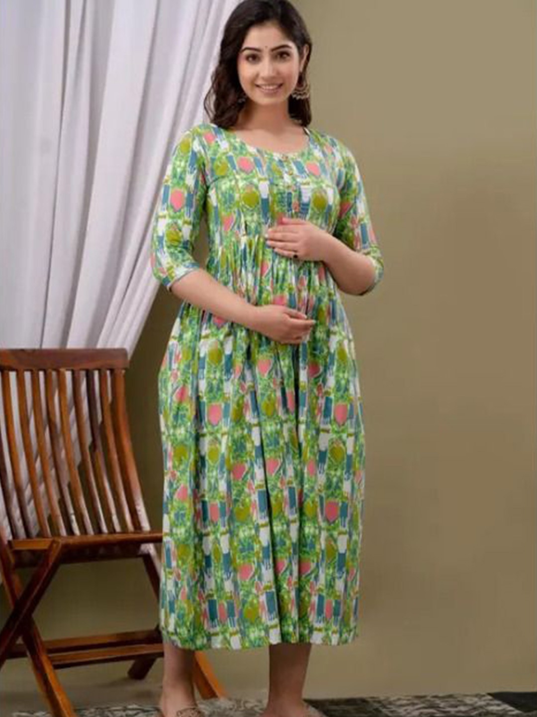 

Vorcia Febtex Printed Flared Feeding Ethnic Dresses, Green