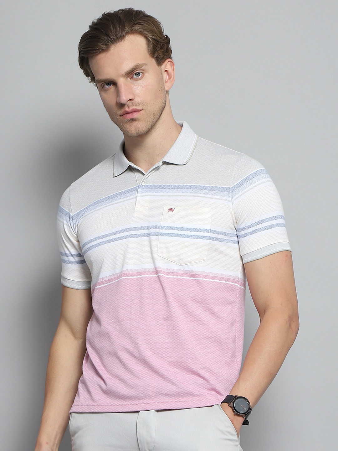 

Monte Carlo Men Striped Polo Collar Pockets T-shirt, Pink