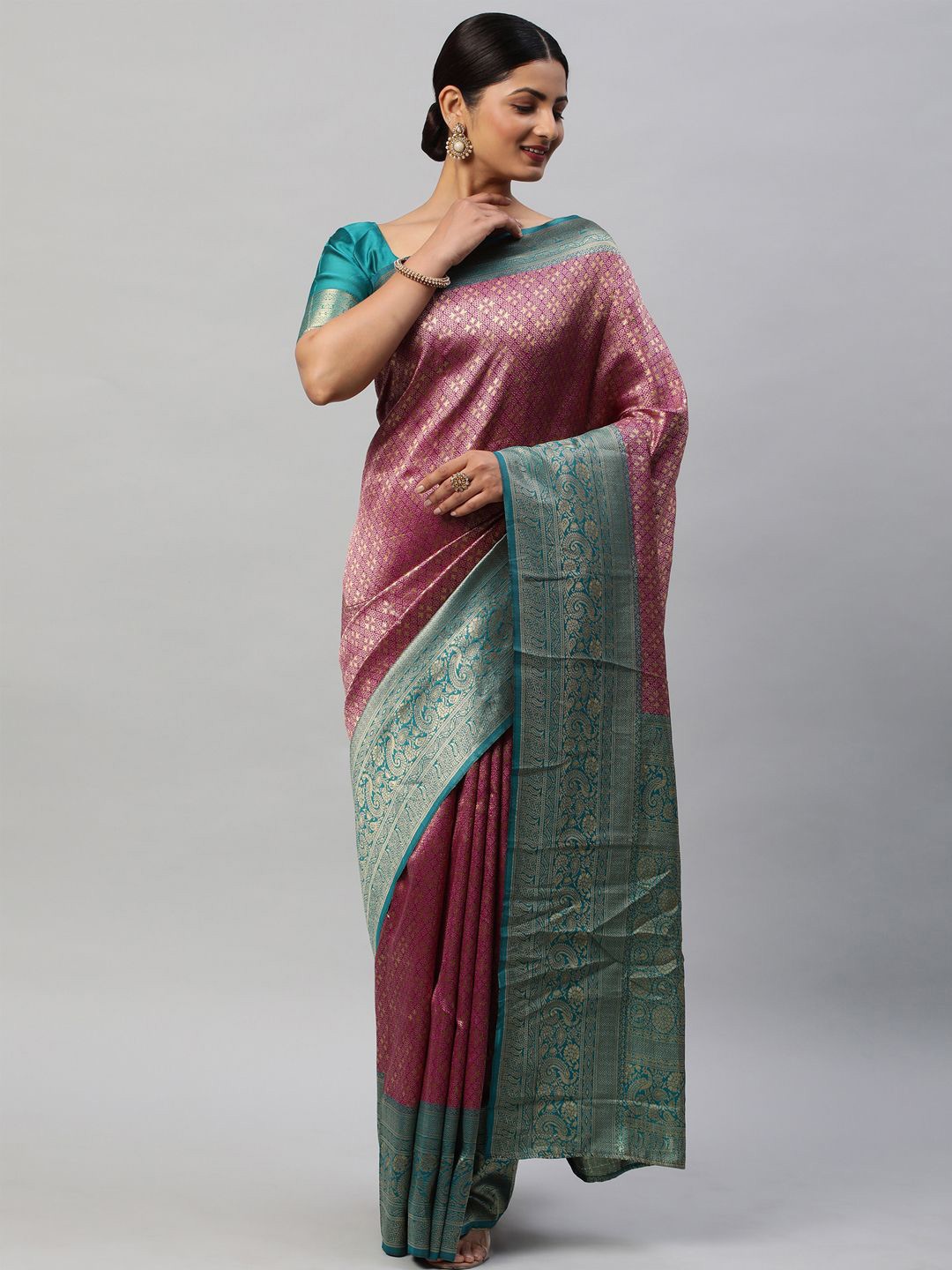 

KALINI Woven Design Zari Silk Blend Kanjeevaram Saree, Magenta