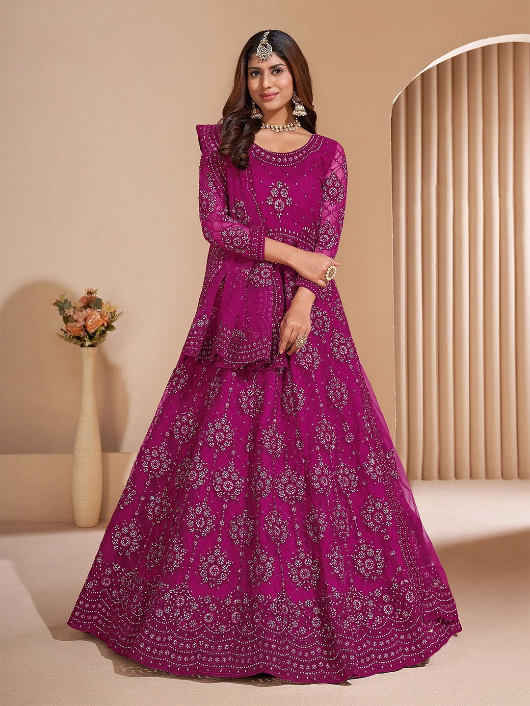 

LADY SHOPI Ethnic Motifs Embroidered Net Fit & Flare Maxi Dress, Multi