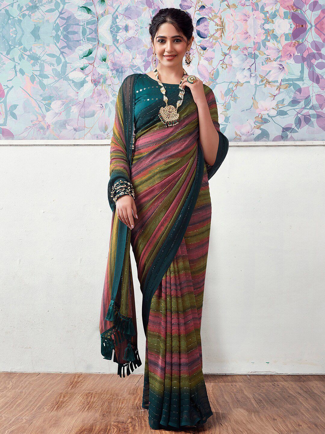 

DIVASTRI Striped Pure Georgette Saree, Teal