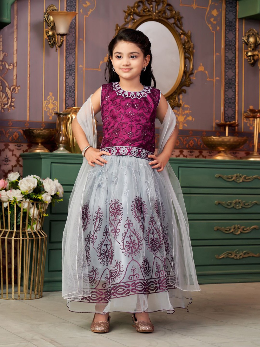 

Aarika Girls Embroidered Ready to Wear Lehenga & Blouse With Dupatta, Purple