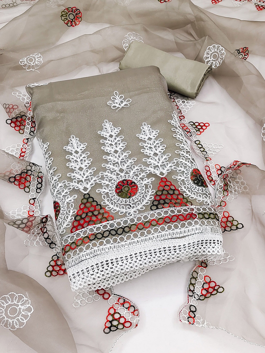 

SAINOOR Embroidered Organza Unstitched Dress Material, Grey