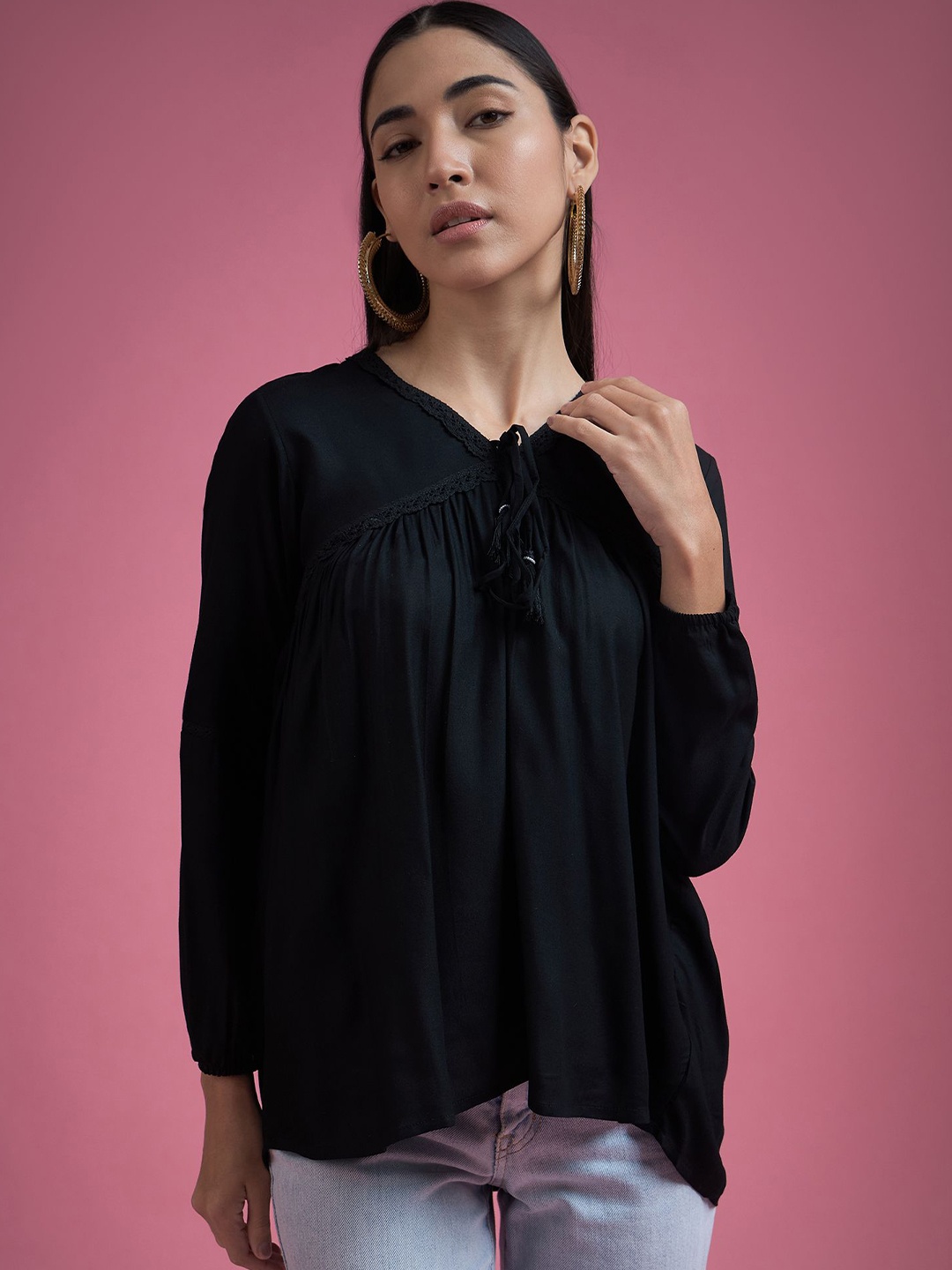 

all about you Embroidered Top, Black