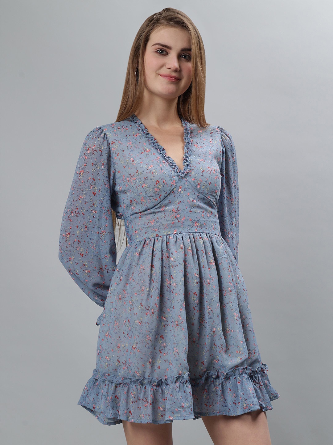 

ETRAANA Floral Print Puff Sleeve Georgette Fit & Flare Midi Dress, Blue