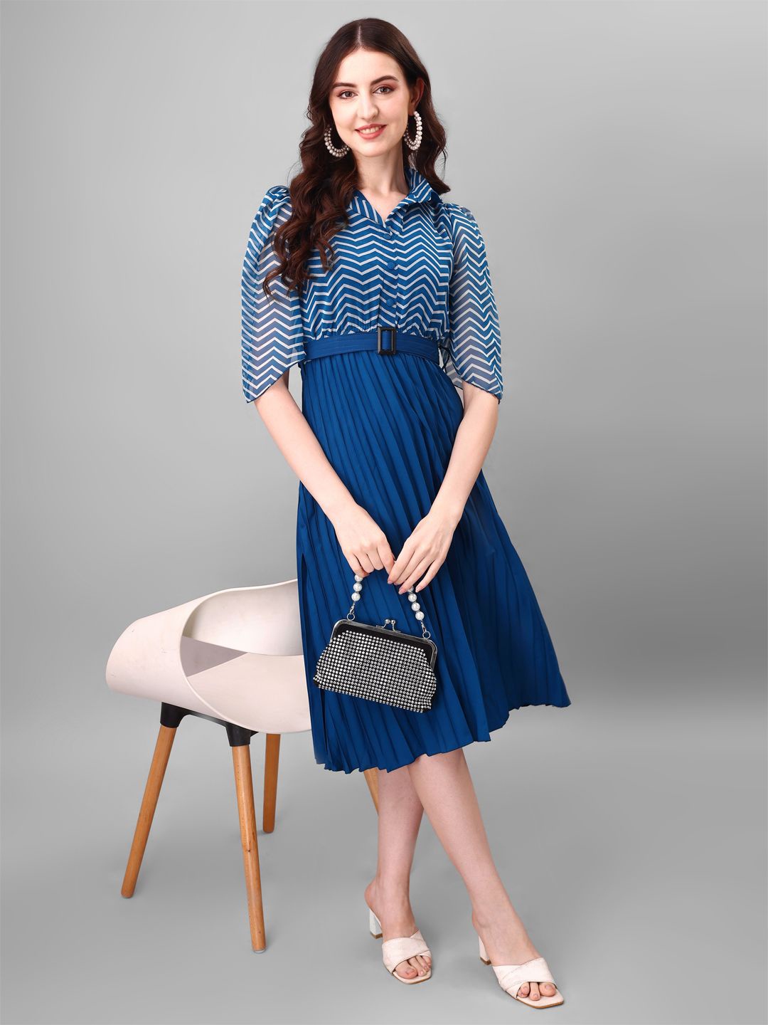 

Jash Creation Striped Applique Georgette Fit & Flare Maxi Dress, Blue