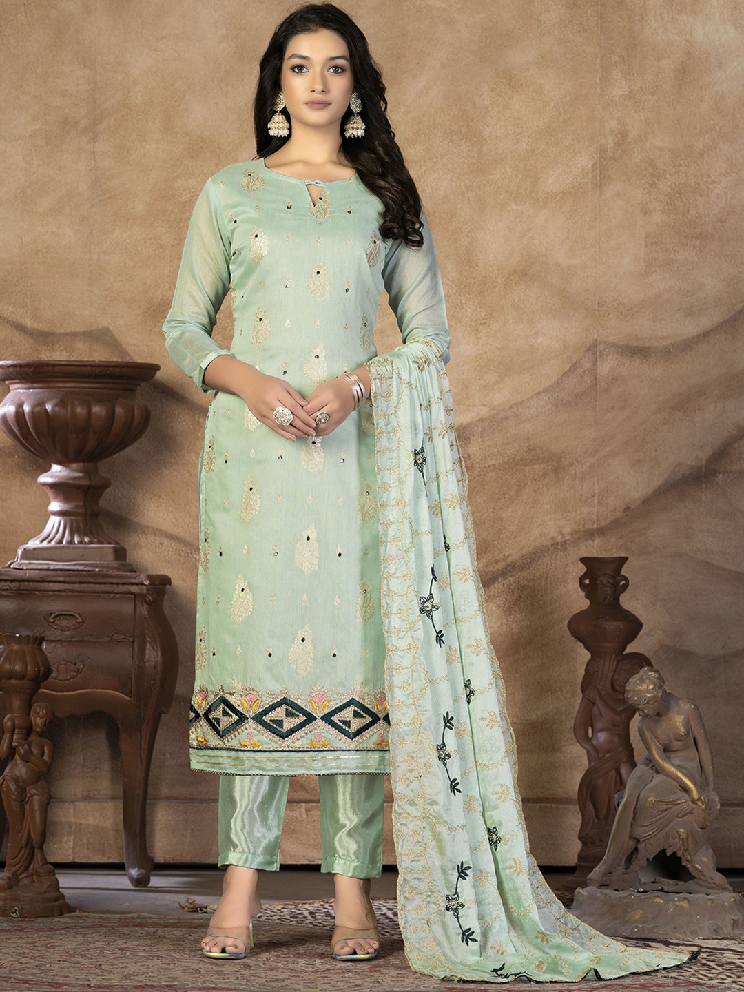 

SAINOOR Embroidered Semi-Stitched Dress Material, Green