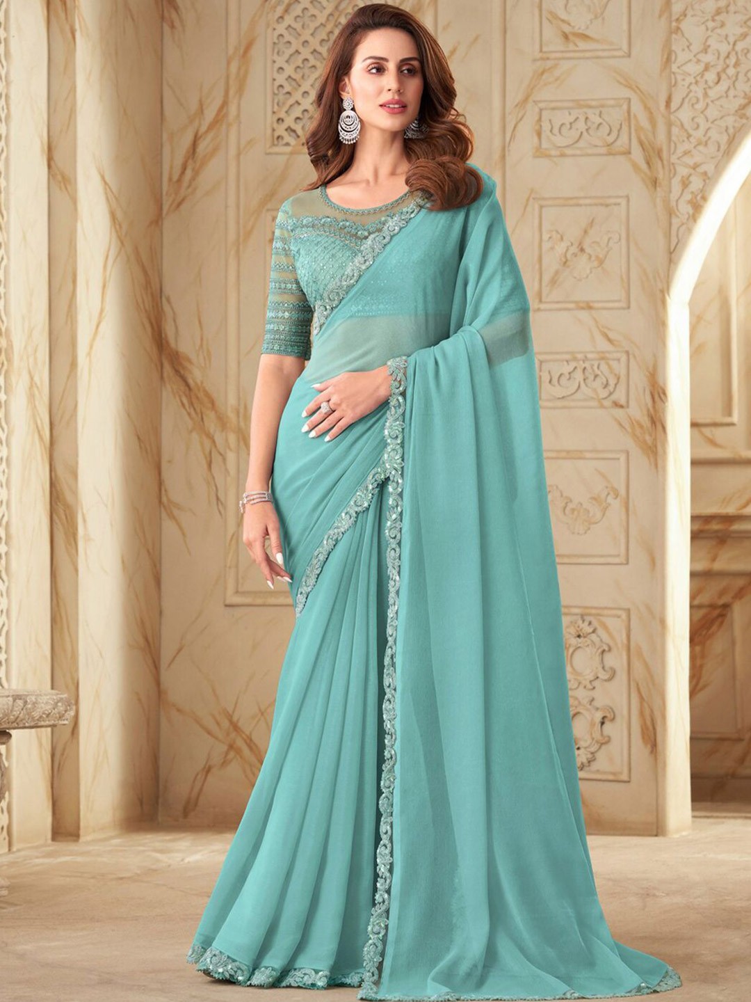 

DIVASTRI Embroidered Pure Chiffon Saree, Blue
