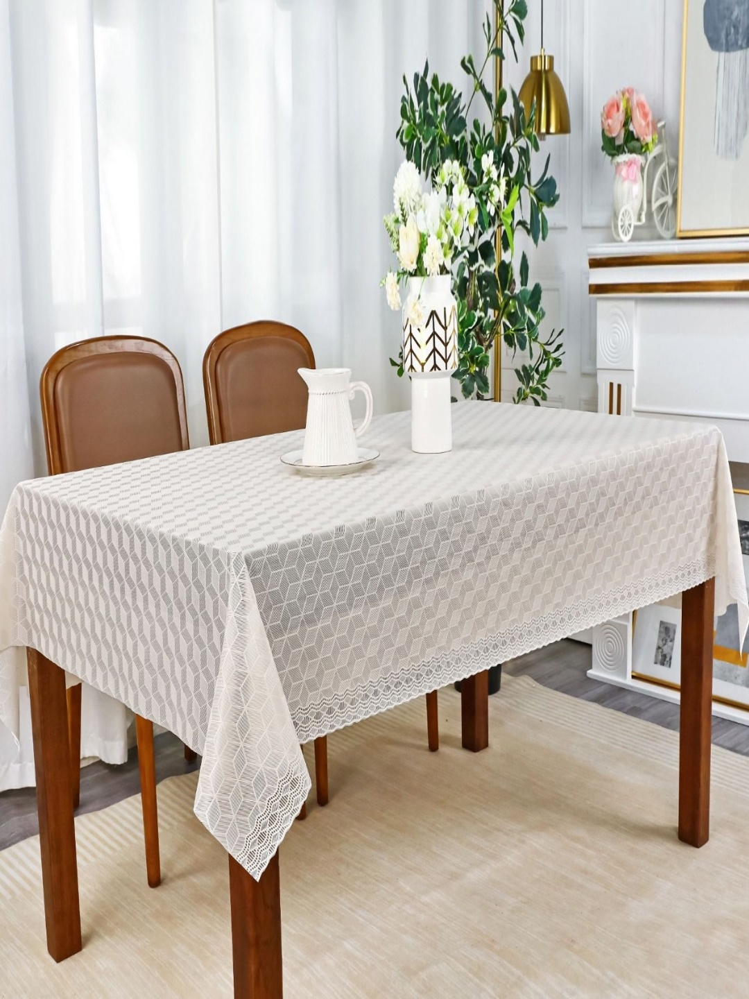 

Dakshya Industries Beige Geometric Printed Waterproof Plastic 6-Seater Table Cover