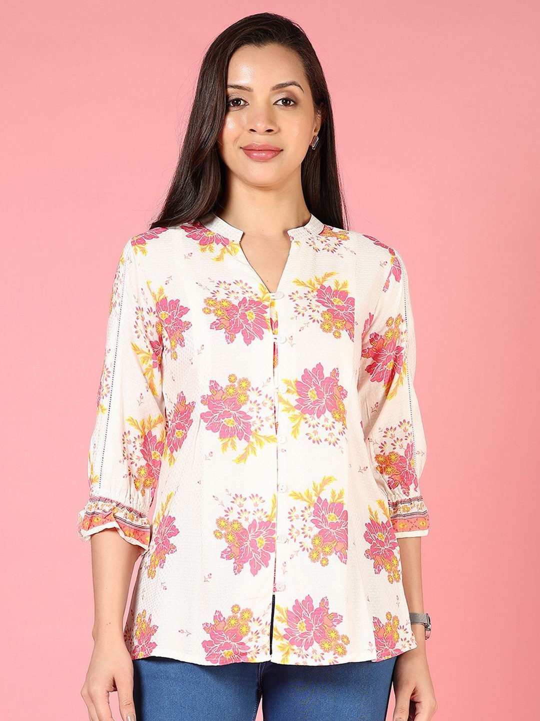 

V-Mart Floral Print Slit Sleeve Top, White