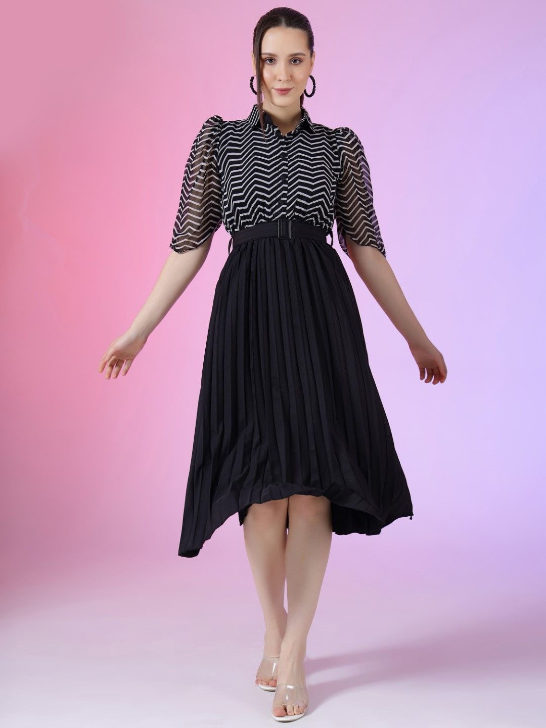 

Raiyani Fashion Print Puff Sleeve Applique Georgette Fit & Flare Dress, Black