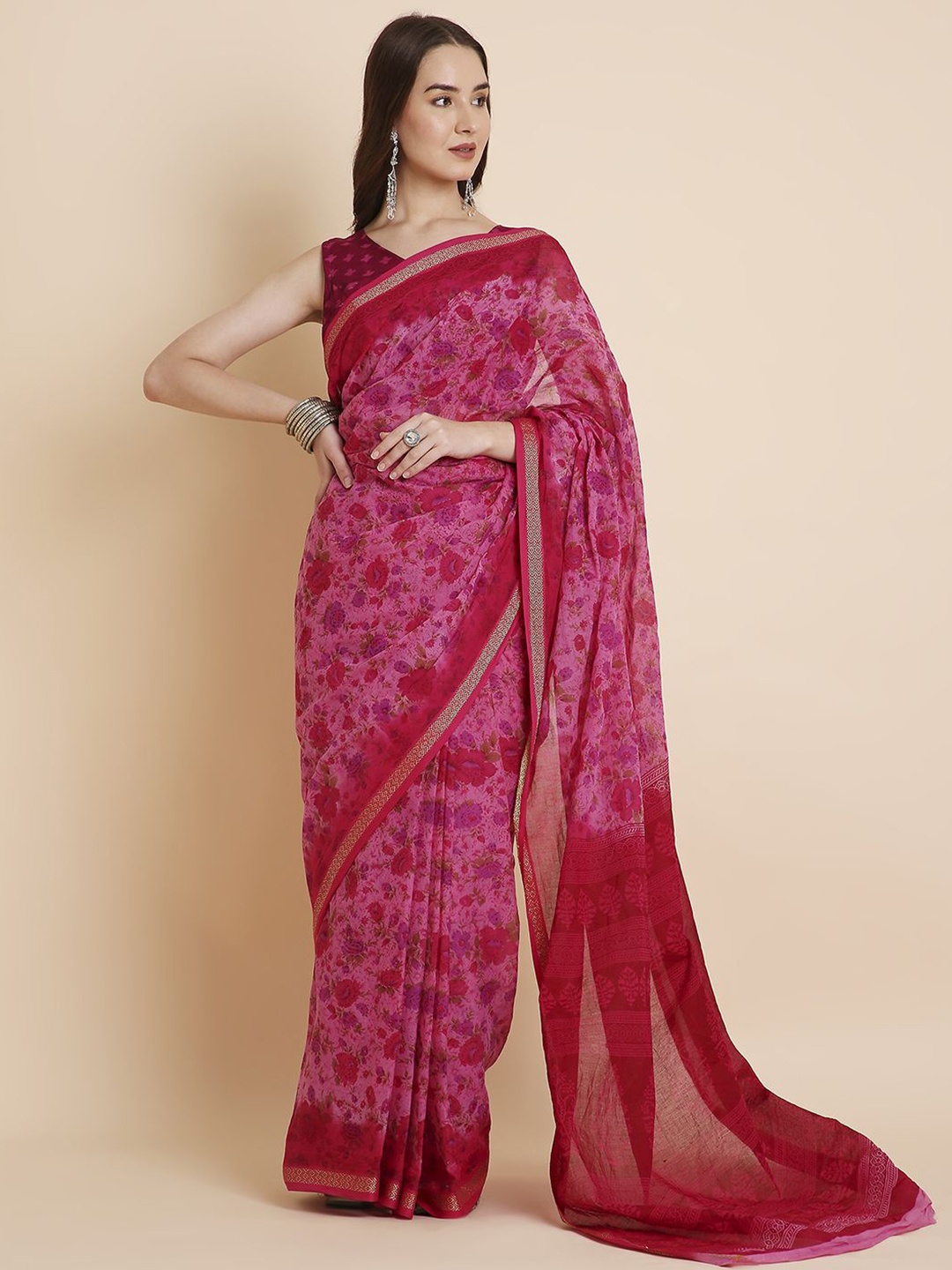 

RATAN Floral Pure Cotton Saree, Magenta