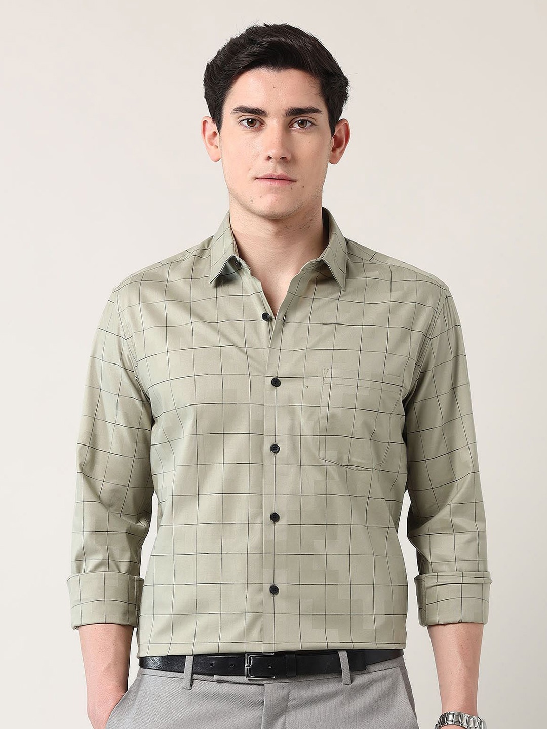 

AD By Arvind Men Classic Slim Fit Windowpane Checks Opaque Checked Casual Shirt, Green