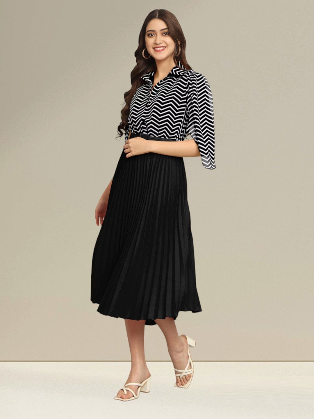 

Raiyani Fashion Striped Applique Georgette Fit & Flare Midi Dress, Black