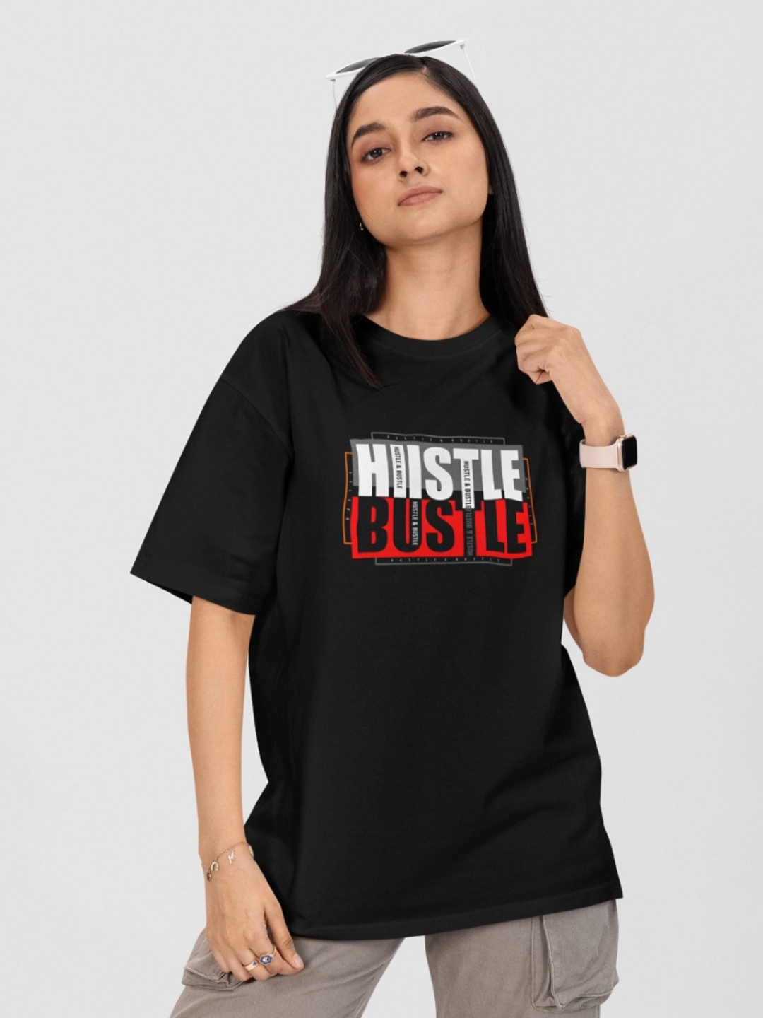 

Moda Rapido Women Printed Drop-Shoulder Sleeves Applique T-shirt, Black