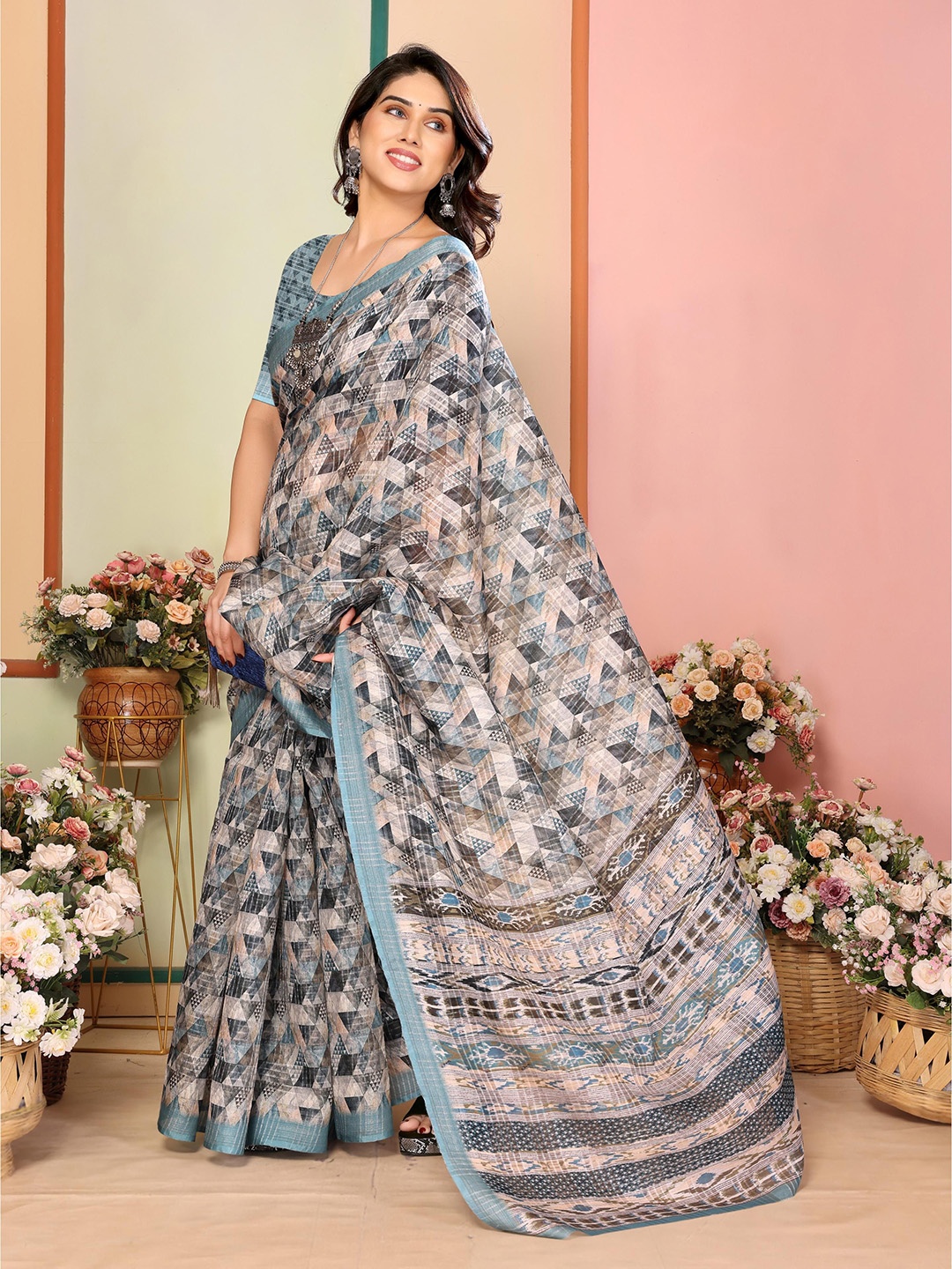 

Moda Rapido Zari Linen Blend Chanderi Saree, Sea green
