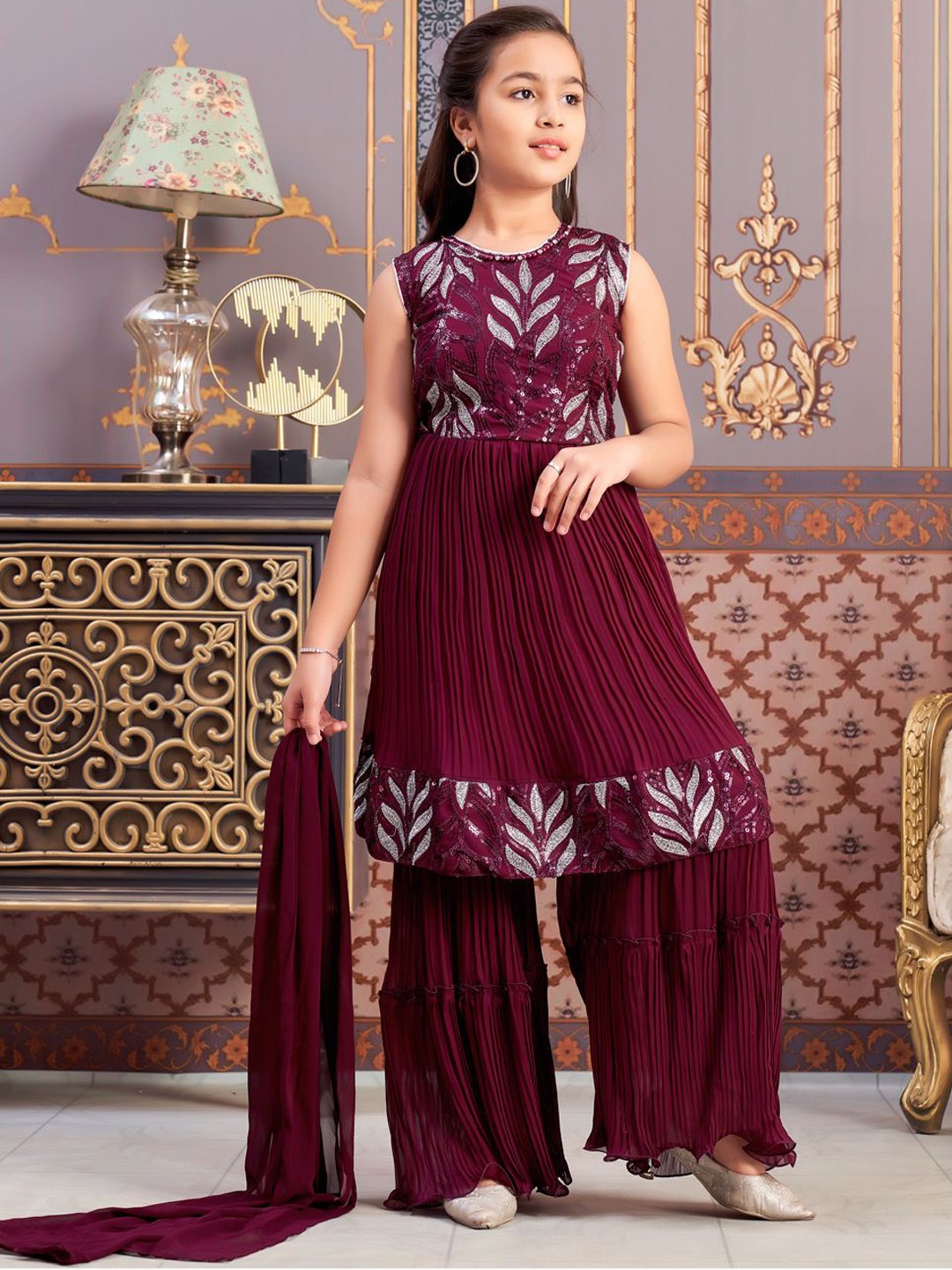 

Aarika Girls Embroidered Regular Sequinned Kurta with Sharara & With Dupatta, Purple