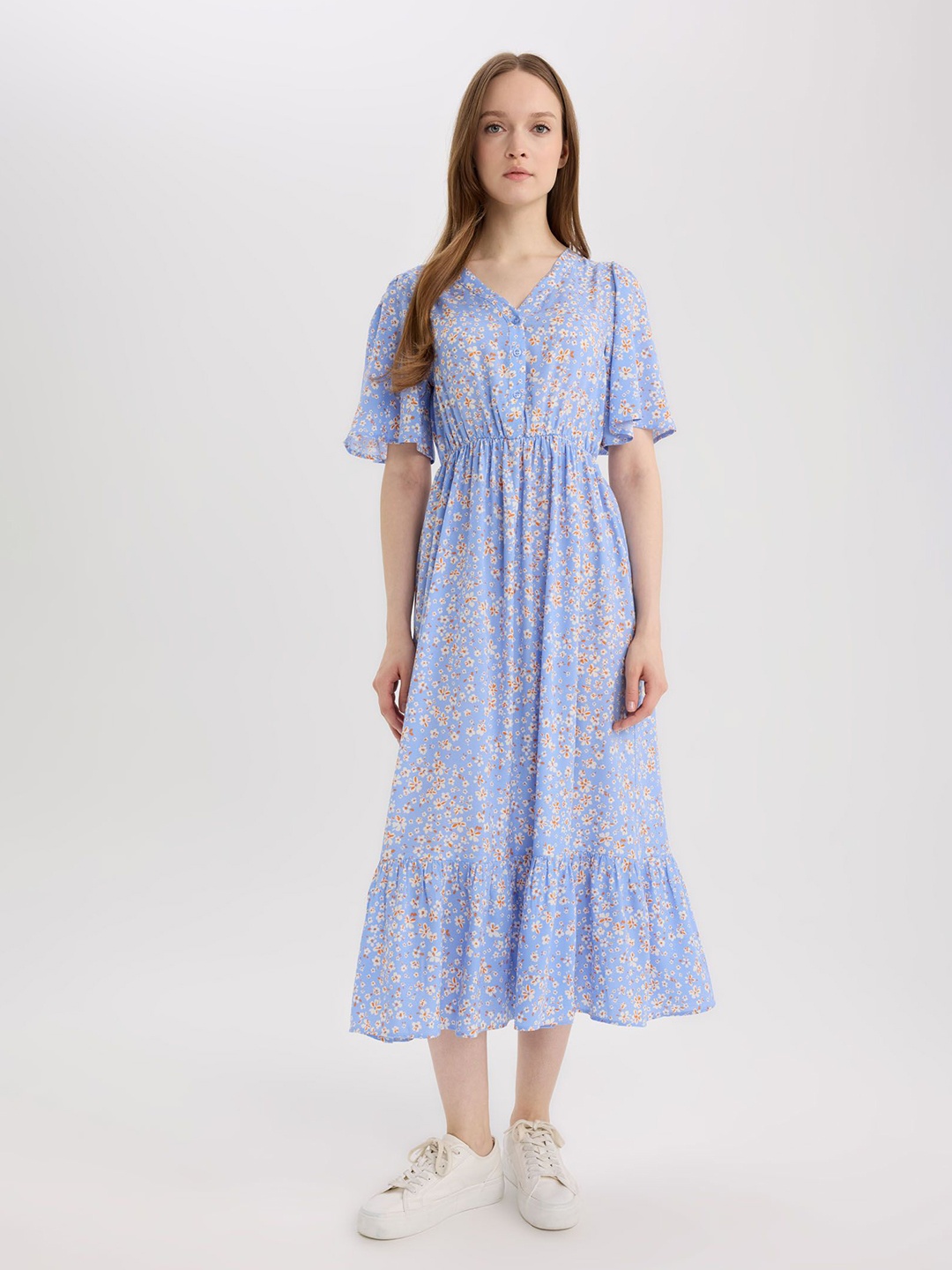 

DeFacto Floral Print Flared Sleeve A-Line Midi Dress, Na