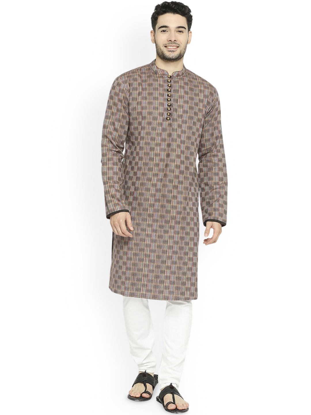 

Arch element Men Geometric Checked Flared Sleeves Mirror Work Kurta, Brown