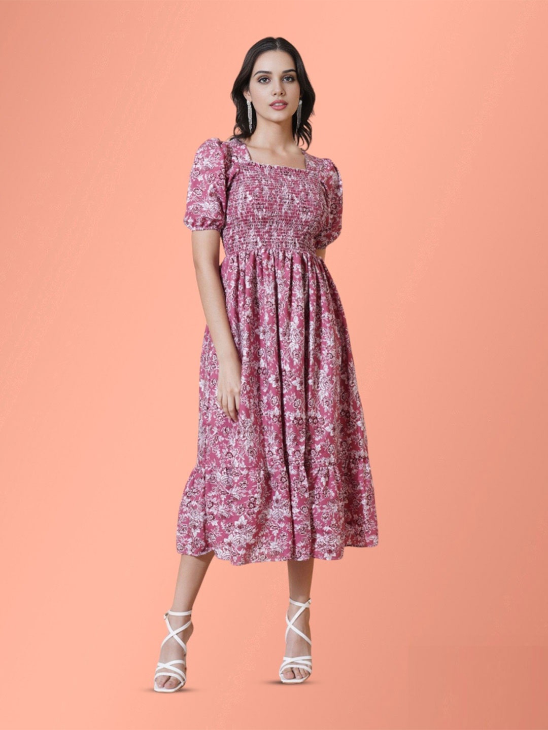 

Jash Creation Floral Print Applique Fit & Flare Maxi Dress, Pink