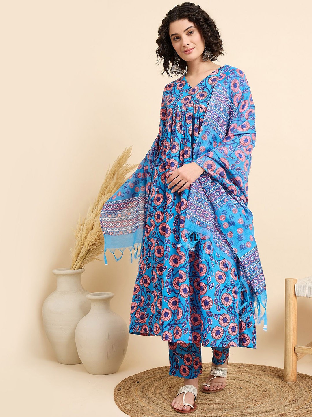 

KALINI Women Floral Printed Regular Kurta with Trousers & With Dupatta, Blue