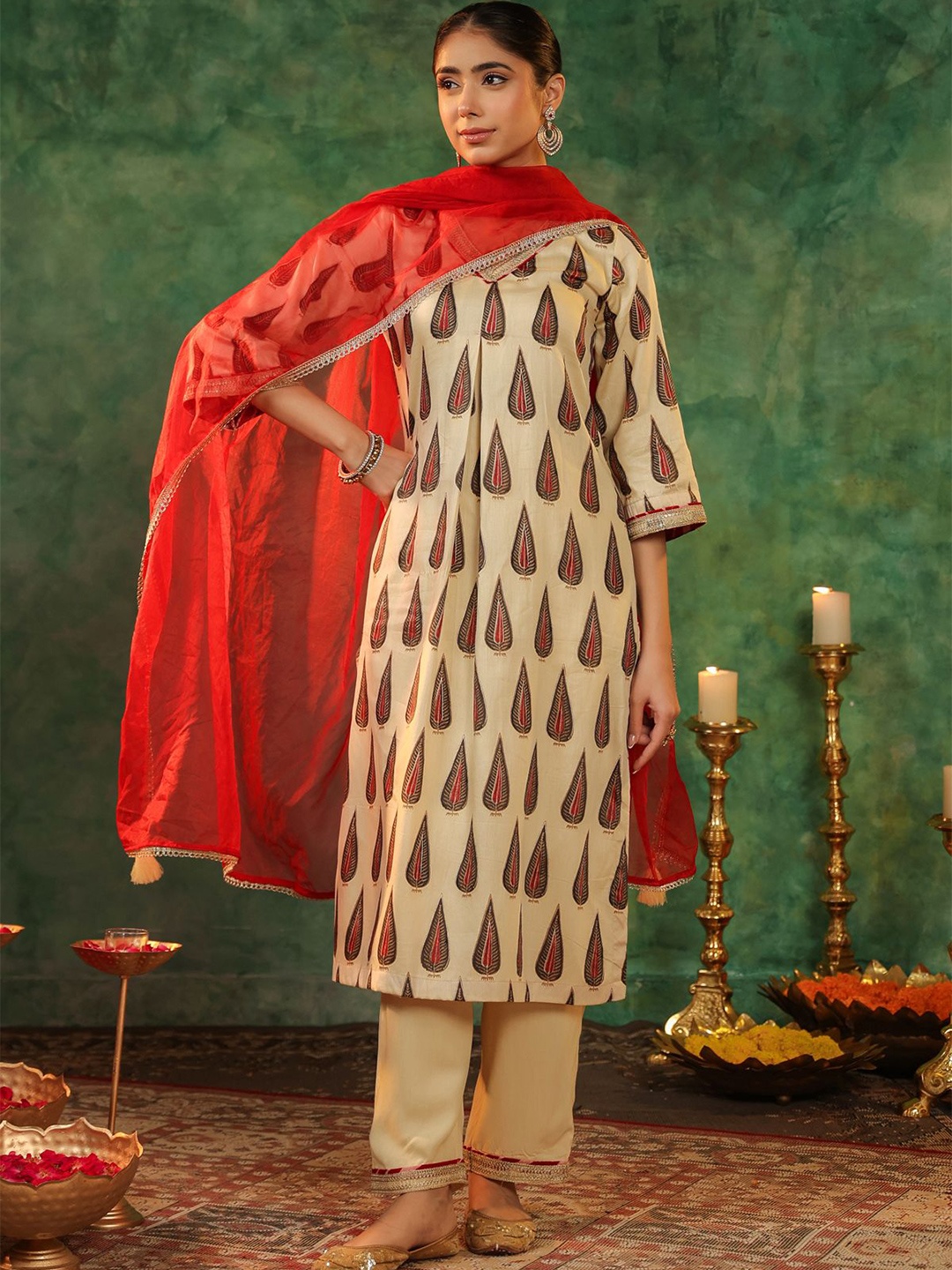 

Rain & Rainbow Women Ethnic Motifs Printed Regular Beads and Stones Kurta with Trousers & With Dupatta, Beige