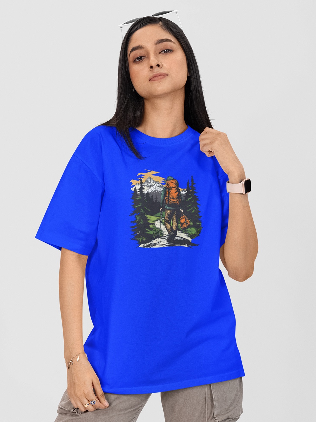 

Moda Rapido Women Printed Drop-Shoulder Sleeves Pockets T-shirt, Blue