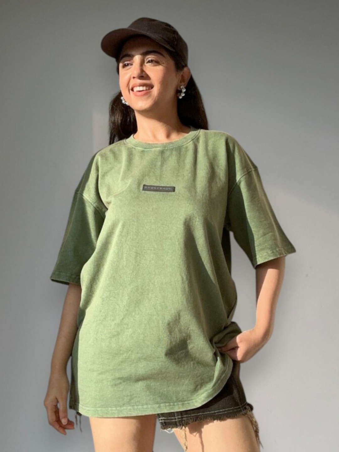 

SPELL BY SMOKESHOW Women Camouflage Extended Sleeves Pockets T-shirt, Olive