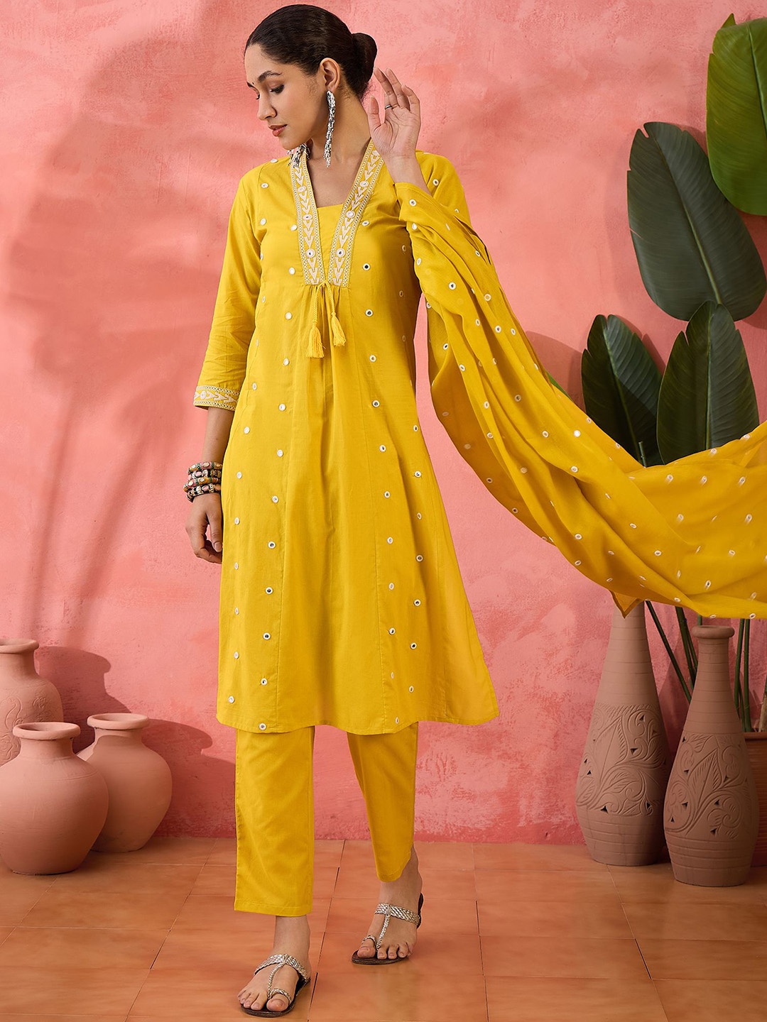 

Sangria Embroidered Pure Cotton Straight Kurta With Trousers & Dupatta, Mustard