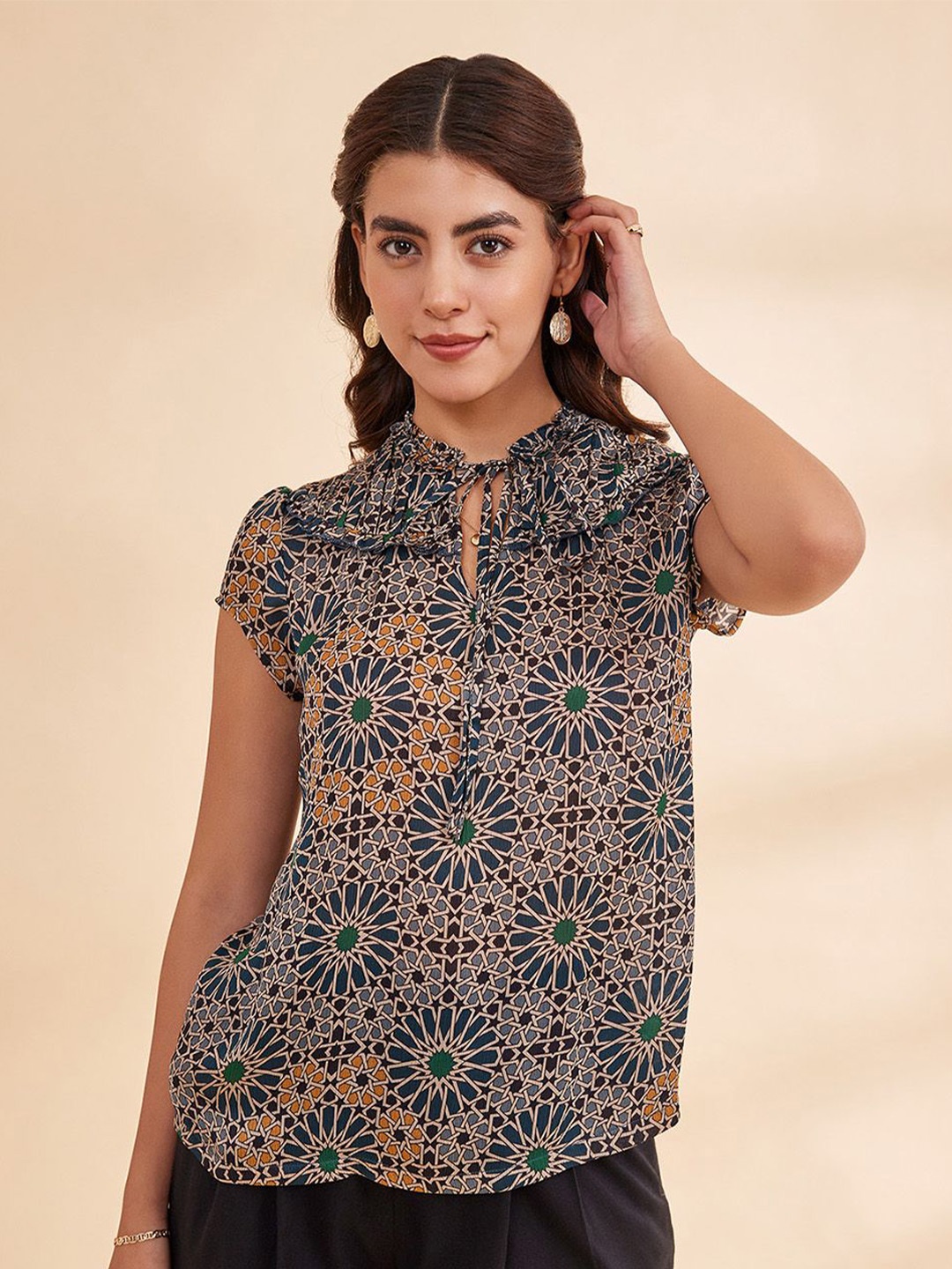 

B77 Floral Print Mandarin Collar Satin Chiffon Shirt Style Top, Navy blue