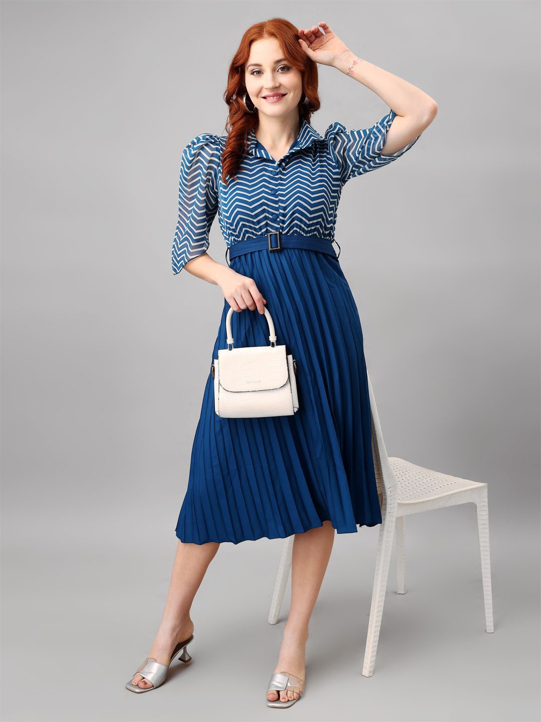 

Raiyani Fashion Striped Applique Georgette Fit & Flare Midi Dress, Blue