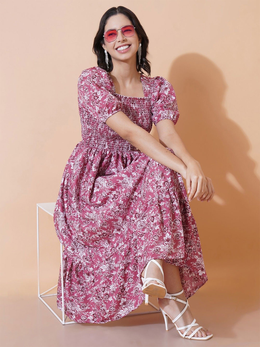 

Jash Creation Floral Print Applique Fit & Flare Maxi Dress, Pink