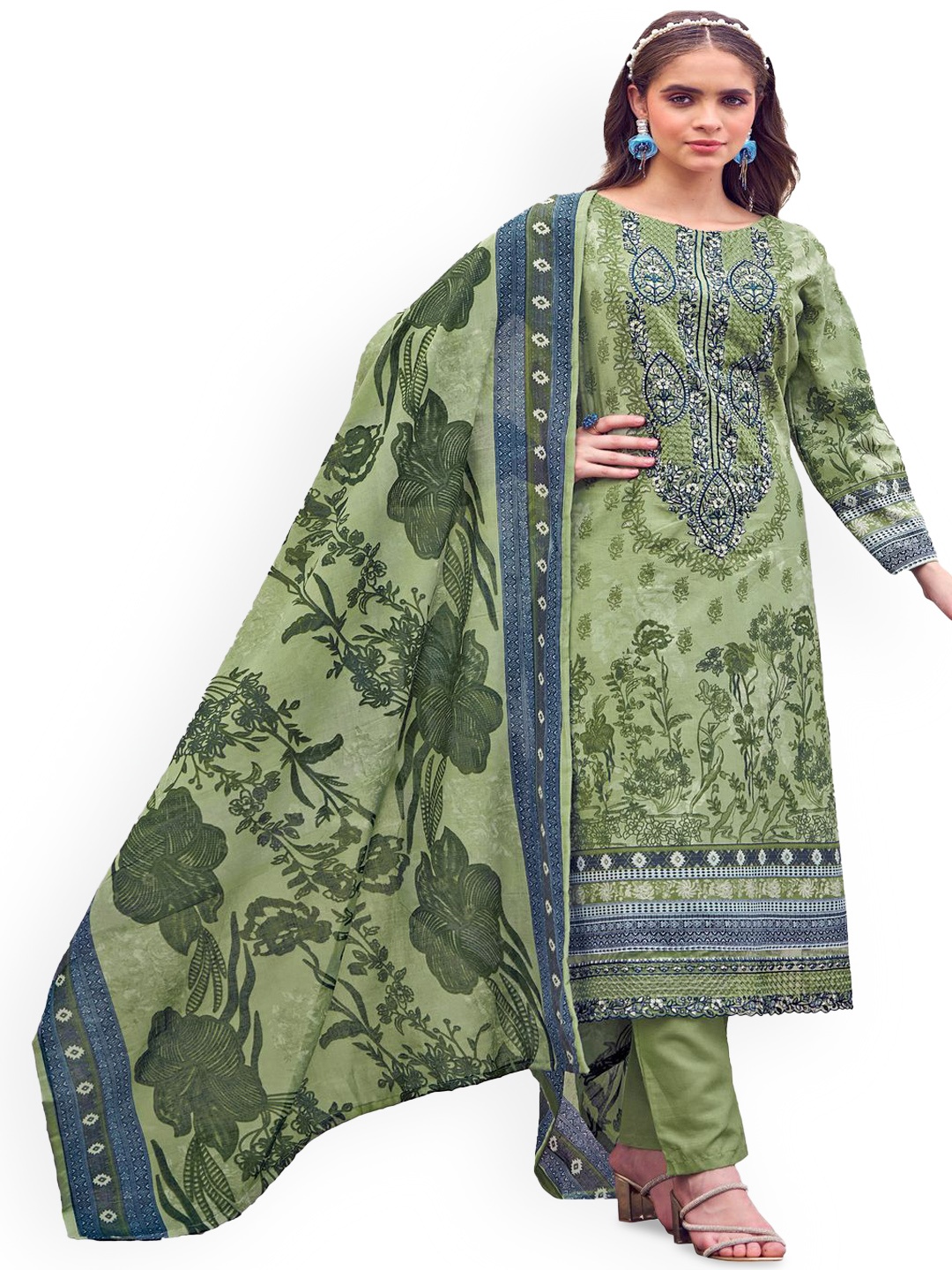 

DRAVINAM Trends Embroidered Pure Cotton Unstitched Dress Material, Green