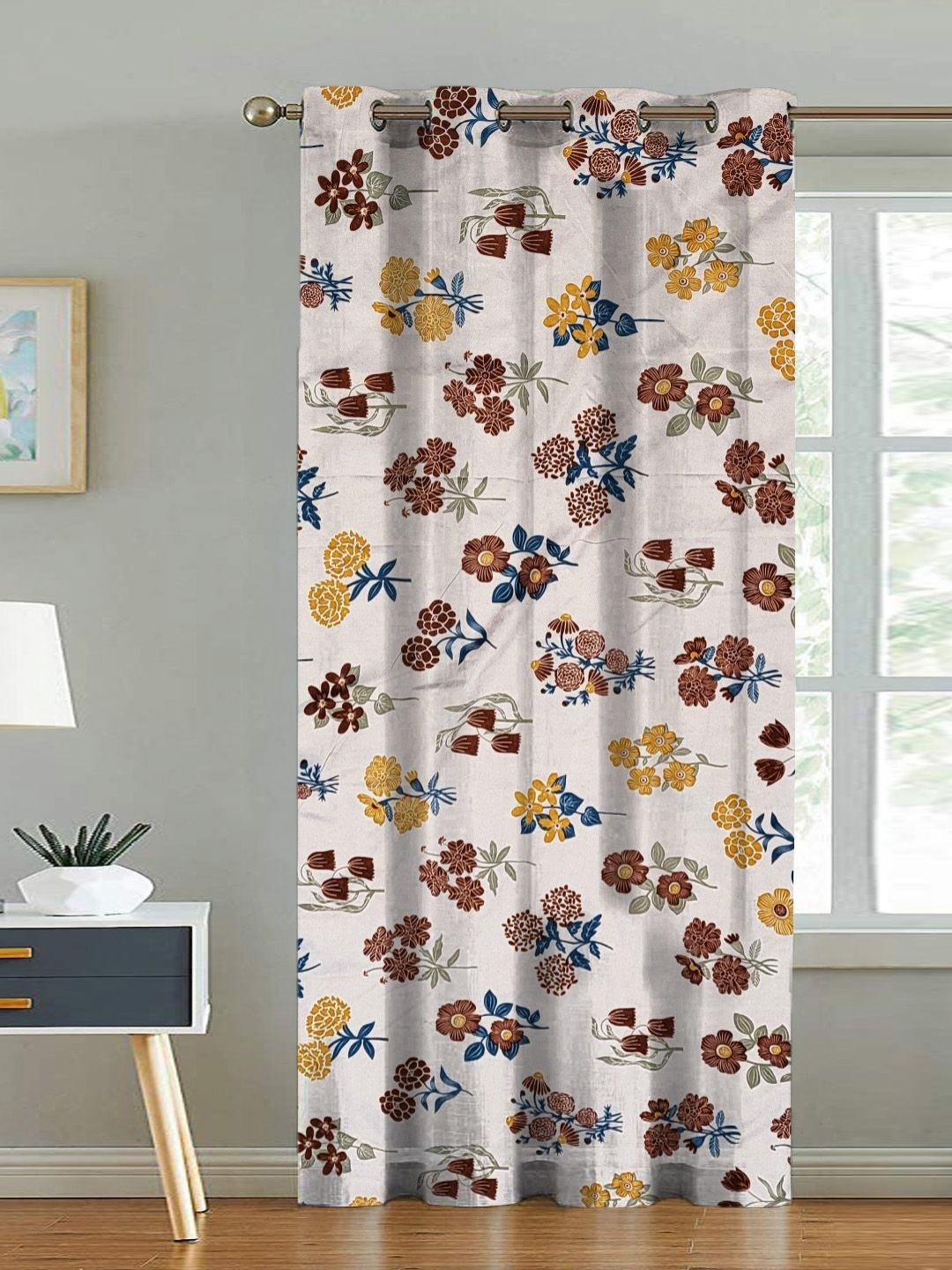 

ANA Cream-Coloured & Blue Floral Room Darkening Long Door Curtain